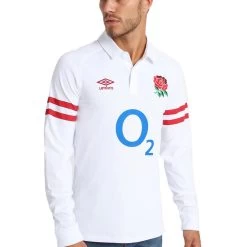 UMBRO England Mens Classic Home Rugby Shirt - Long Sleeve White 2023 -Rugby Apparel england m home classic ls model