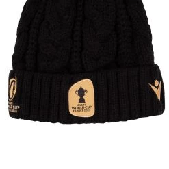 Rugby World Cup 2023 Macron Adults Webb Ellis Beanie - Black -Rugby Apparel rwc2023 webb ellis pompom hat black badge