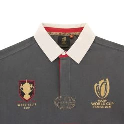 Mens Rugby World Cup 2023 Webb Ellis Striped Rugby Shirt - Black -Rugby Apparel rwc23 men webb ellis shirt blk front dtail