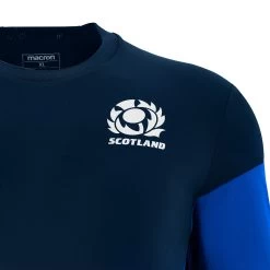 MACRON Scotland Mens Travel Polycotton T-Shirt - Navy 2023 -Rugby Apparel sco m cotton t shirt nvy front detail