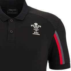 MACRON Wales Mens Travel Tech Polo - Black 2023 -Rugby Apparel wal m travel tech polo blk wru