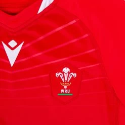 MACRON Wales Womens Rugby World Cup Home Rugby Shirt - Red Short Sleeve -Rugby Apparel wales wrwc home rugby shirt red badge
